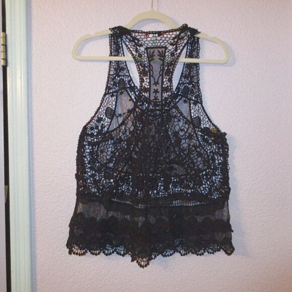 Vtg Y2K Sheer Mesh Tunic Top Size S Crochet Fishnet Racer Steampunk Grunge Goth - Picture 4 of 8